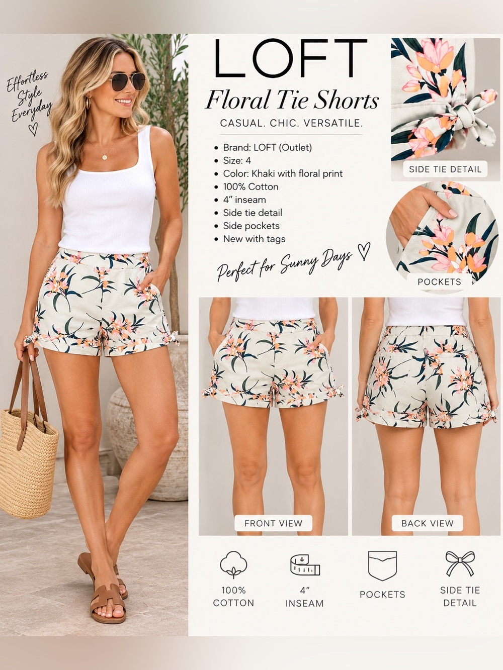 LOFT Floral Side Tie Shorts Size 4 Khaki 100% Cotton 4” Inseam NWT